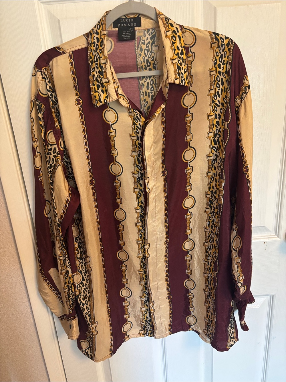Lucio Romano 100% Silk Baroque Chain Leopard Print Shirt, L